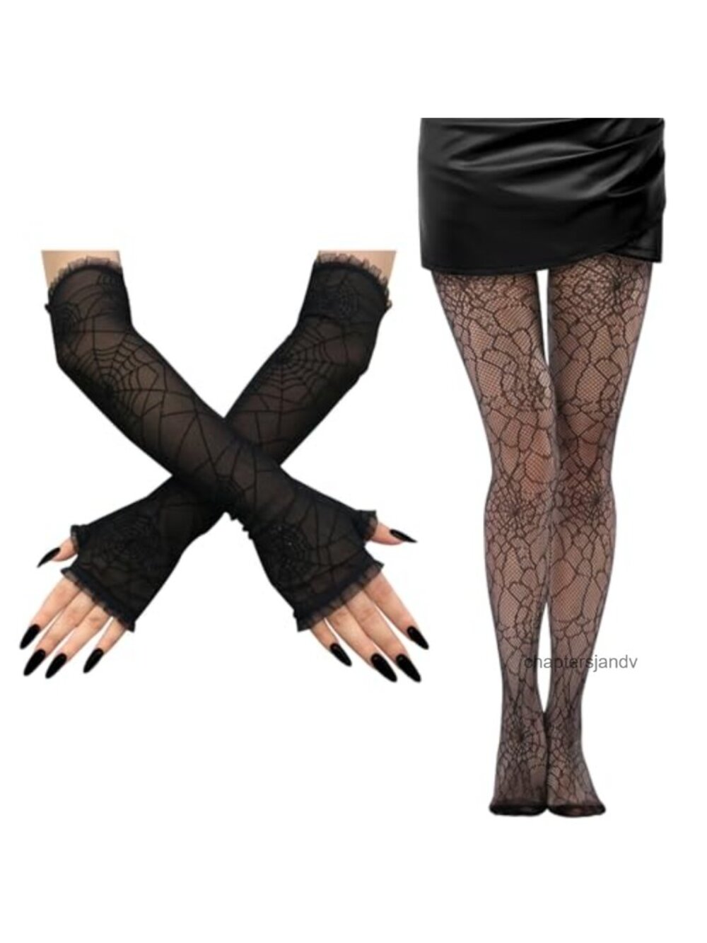 Spider Web Fishnet Tights & Lace Gloves Set Goth Halloween Cosplay